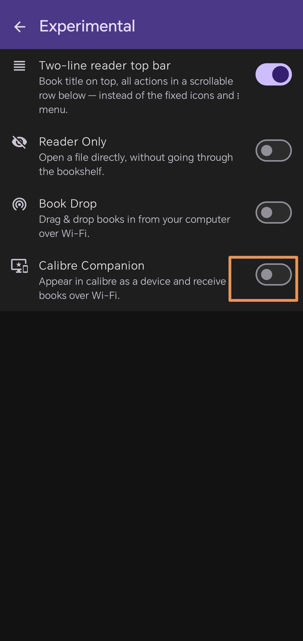 Step 5: Turn on Calibre Companion toggle
